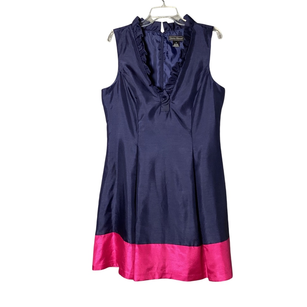 Jessica Howard Dress Womens 14 Navy Pink Colorblock Ruffle Neck Cocktail Party